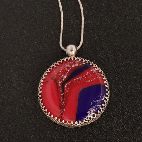 Marbled Red, Blue & Silver Dichroic Pendant